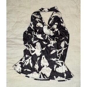 PEACH Black White Floral Satin Cowl Neck Halter Top‎ Peplum Blouse Womens Medium